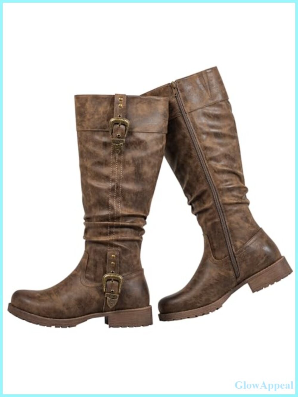 Women's Knee High Boots Faux Leather Stretch Panel Side Zipper Low Heel